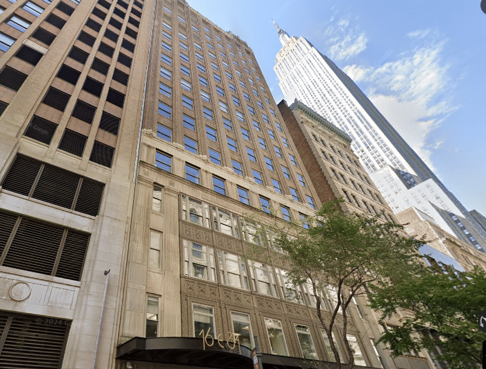 Office building at 16 East 34th Street with an ornate facade and Art Deco design in prime Midtown Manhattan.