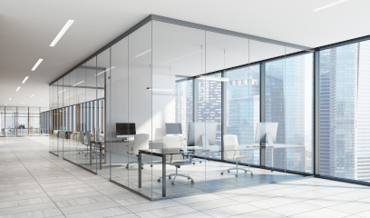 Bright modern minimalist open office space, glass walls, large windows, with city skyline views