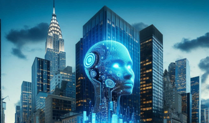 futuristic cityscape with a prominent artificial intelligence head superimposed over the skyline