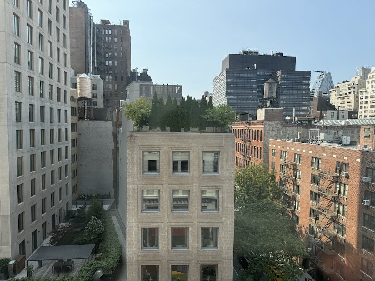 Multi-story cityscape with beige building, rooftop garden at 113 University Place.