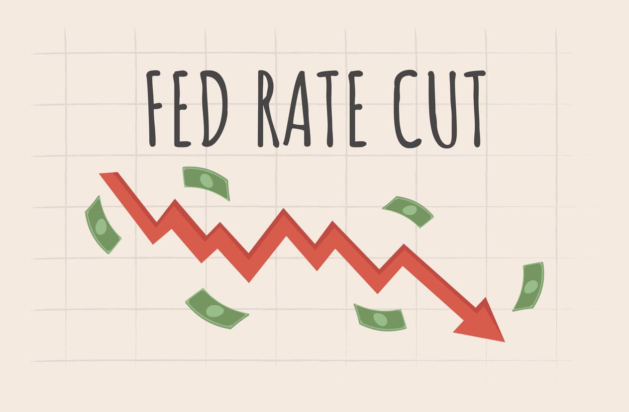 Red zigzag arrow with dollar bills, titled "Interest Rate Cut.