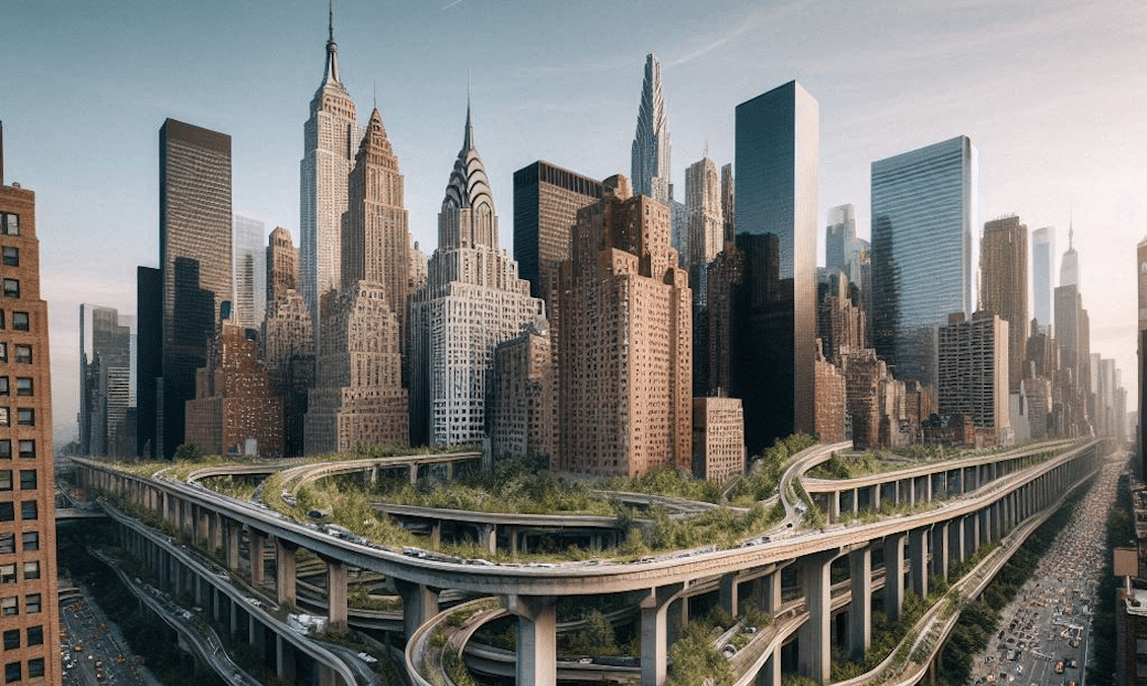 A futuristic vision of New York City, blending technology and nature in a cyberpunk aesthetic.