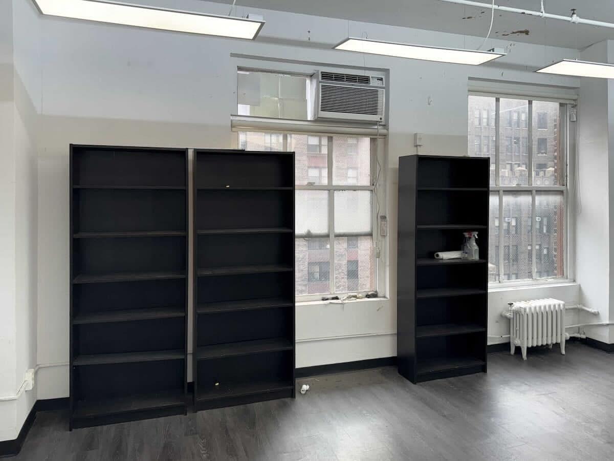 Black bookshelves against windows with AC, dark floor, lights.