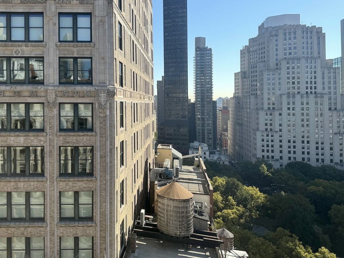 NYC skyline with mix of modern and historic buildings, sunny day.