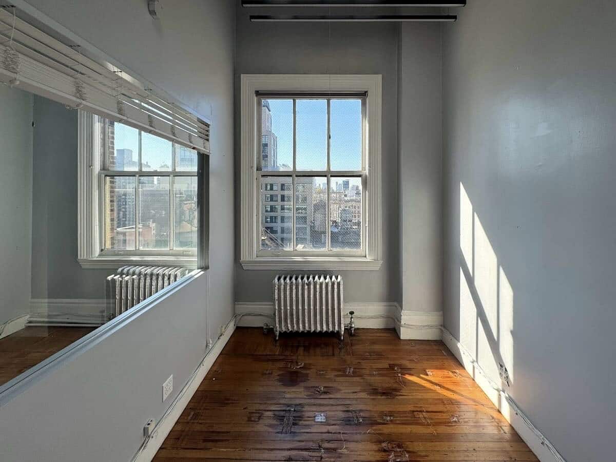 Room with light gray walls, wooden floors, and city view window.