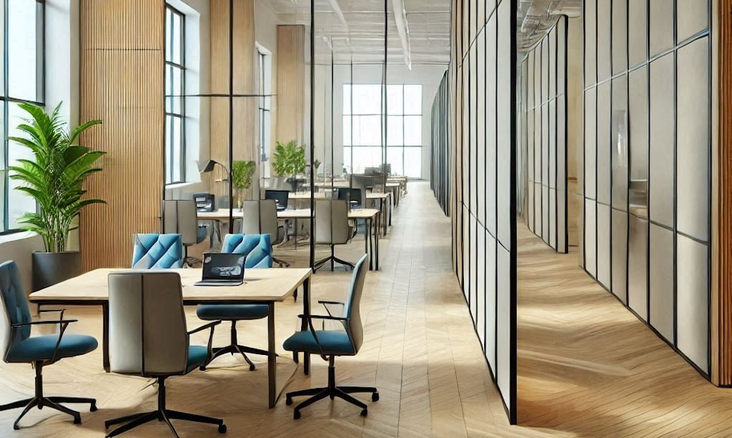 Modern office: high ceilings, large windows, wooden floors, plants.