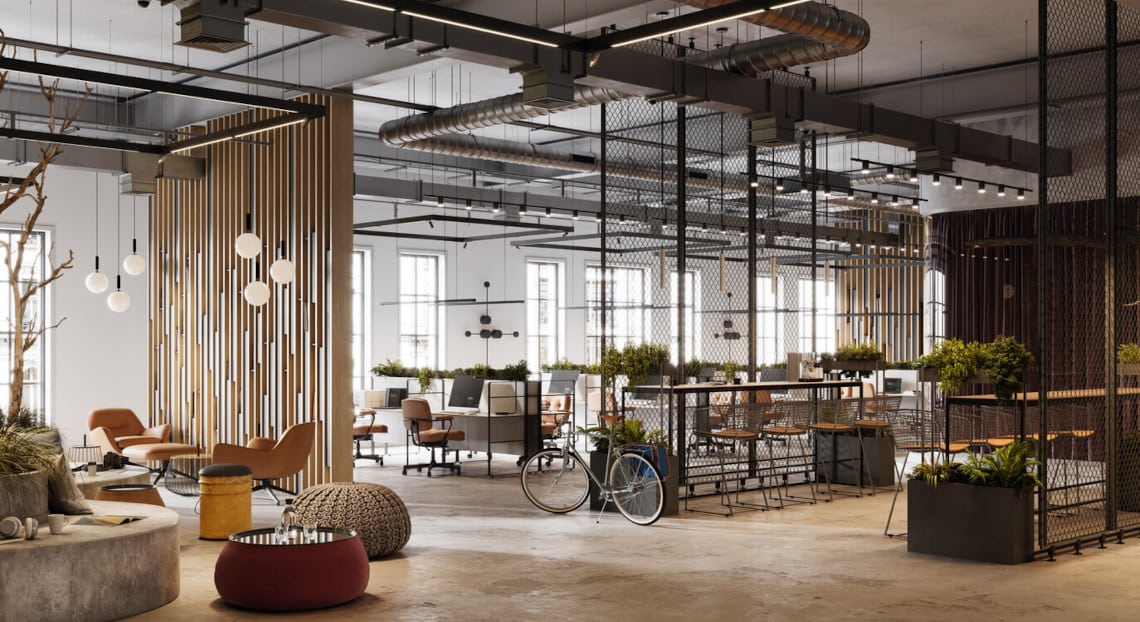 Modern office with wooden partitions, plants, and bicycle.