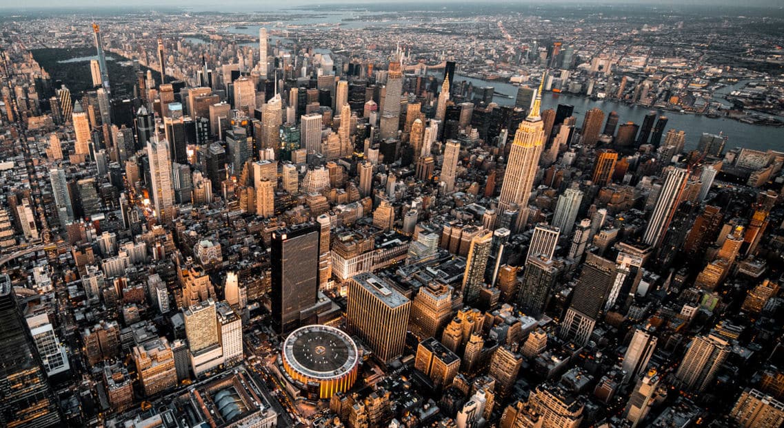 High angle view of a Midtown Manhattan city skyline taken at golden hour