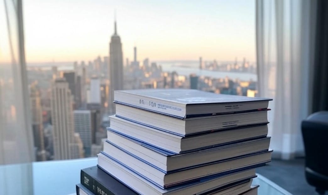 Stack of real estate books on table, cityscape and river view.